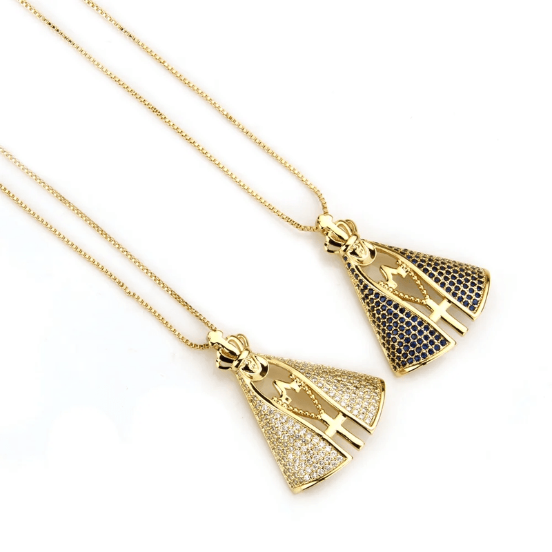 Colar Feminino Nossa Senhora Aparecida Banhado a Ouro 18k + Pedras de Zircônia (Dupla Face)