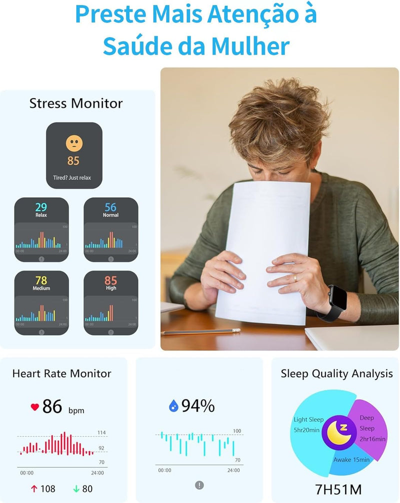 Smartwatch Relógio Inteligente, Tela HD de 1,83" Relógio Fitness com Alexa, 120 Esportes, Frequência Cardíaca e Monitoramento do Sono, IP68 à rova d'água, Compatível com Android iOS, 2 Pulseiras Preto