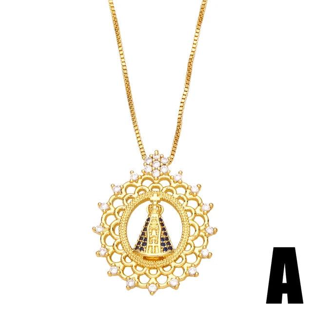 Colar Feminino Nossa Senhora Aparecida Banhado a Ouro 18k + Pedras de Zircônia (Dupla Face)